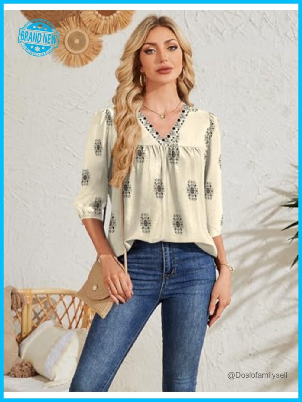 3/4 Sleeve V Neck Boho Blouse Tunic with Puff Sleeve - Picture 6 of 7